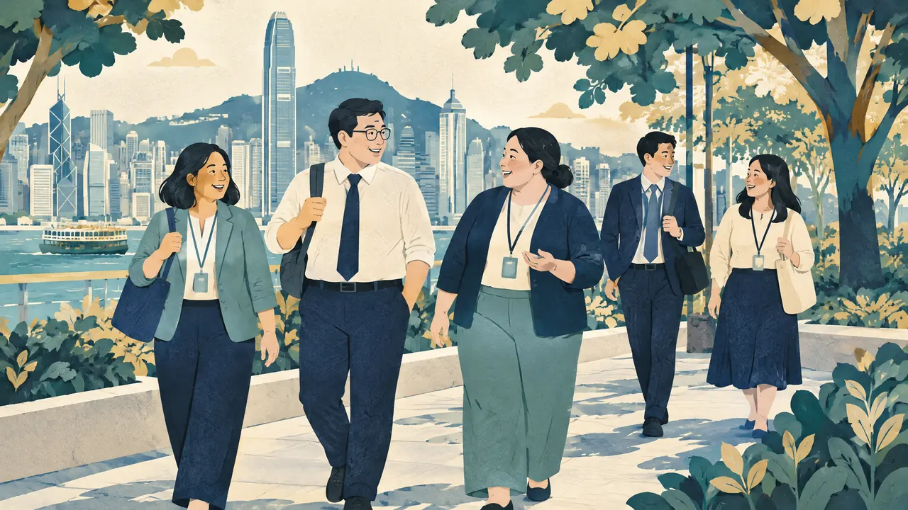 Educational illustration of adults walking beside trees with the Hong Kong skyline in the background