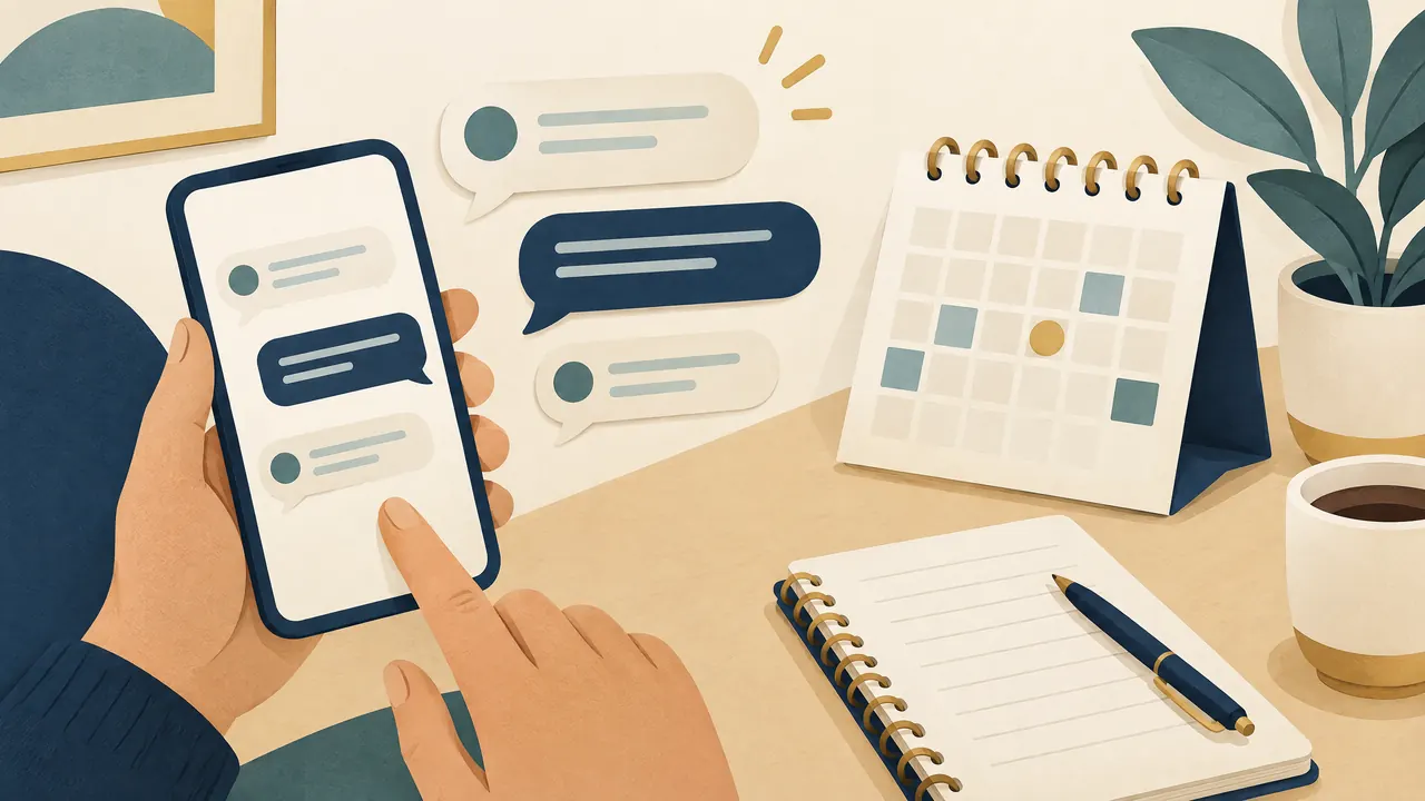 Educational illustration of a smartphone conversation beside a calendar and notebook