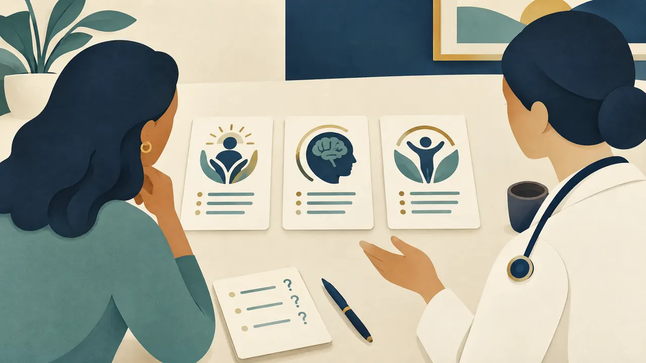 Educational illustration of a health discussion comparing three cards with wellbeing symbols — acupoint embedding single visit