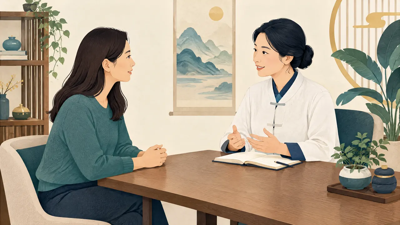Educational illustration of two adults discussing health across a desk, not a clinic photograph — acupoint embedding assessment