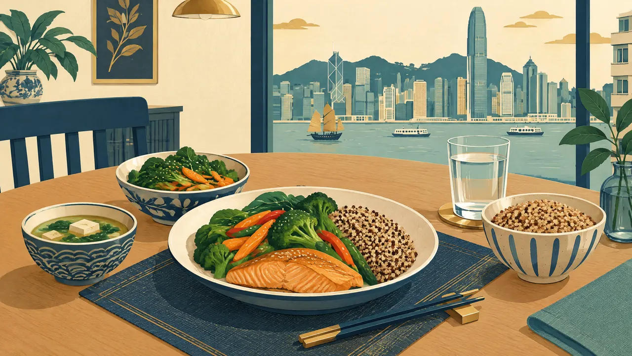 Educational illustration of a meal with salmon, vegetables, grains, soup and drinking water