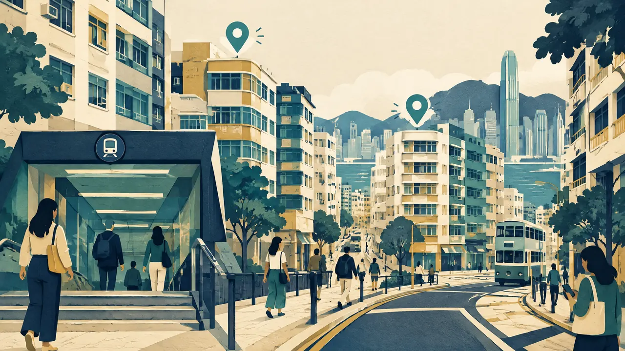 Educational Hong Kong-style street illustration with transport and location-pin symbols, not a clinic map