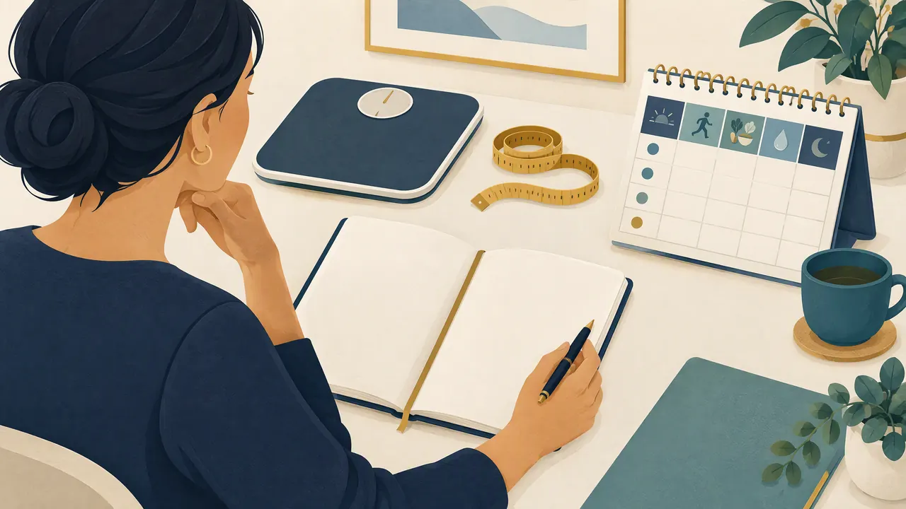 Educational illustration of an open notebook, weighing scale, measuring tape and habit calendar