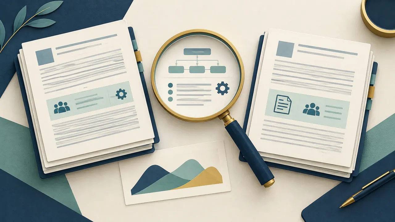 Educational illustration of papers and a magnifying glass showing study-design symbols