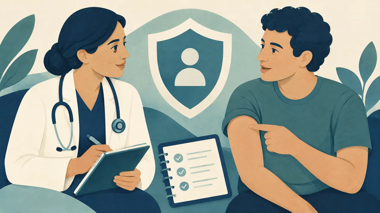 Educational illustration of a health discussion, checklist and protective shield symbol