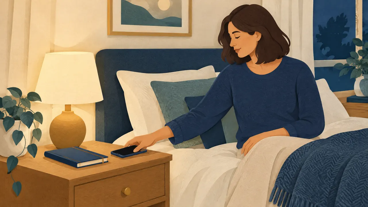 Educational illustration of a person putting a phone down beside a bed in the evening