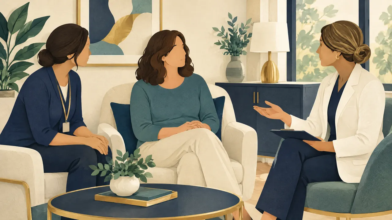 Educational illustration of three adults in a supported health discussion, not photographs of clinic staff